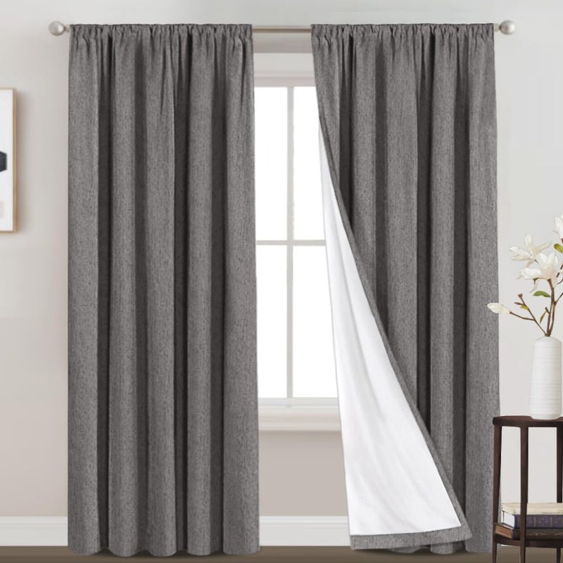 PrinceDeco 100% Blackout Curtains Primitive Linen Textured Curtain Drapes for Bedroom Full Light Blocking Window Curtains Draperies for Living Burlap Fabric Soft with White Liner (52"W x 95"L, Grey) - Image 1
